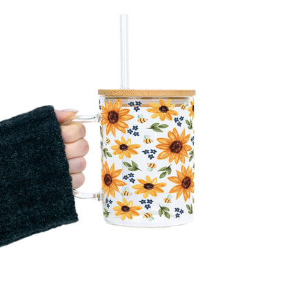 Sunflower With Bees Glass Cup, Mug & Tumbler