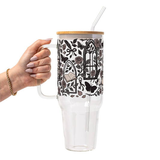 Dark Academia Glass Can Tumbler with Bamboo Lid and Straw