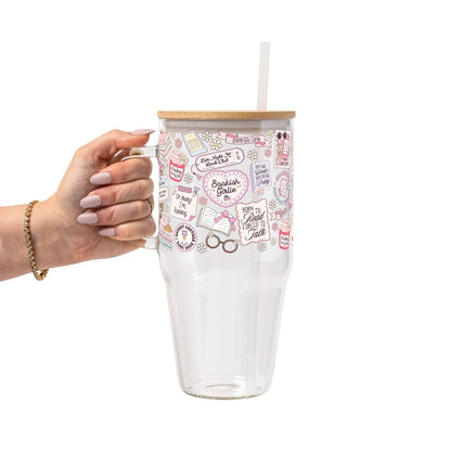 Bookish Girly Glass Can Tumbler with Bamboo Lid and Straw