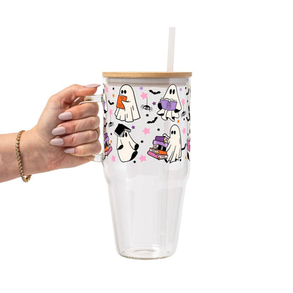 Ghosts and Books Glass Cup, Mug & Tumbler with Lid and Straw