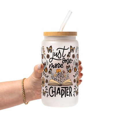 Just One More Chapter Glass Can Tumbler with Bamboo Lid and Straw