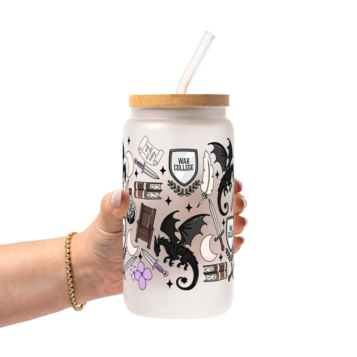 War College Glass Can Tumbler with Bamboo Lid and Straw
