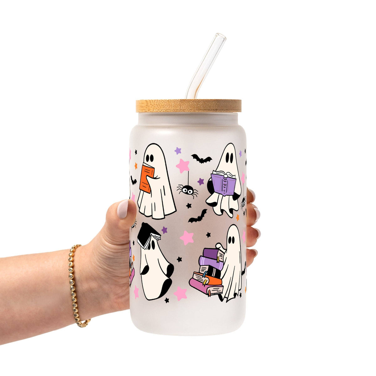 Ghosts and Books Glass Cup, Mug & Tumbler with Lid and Straw